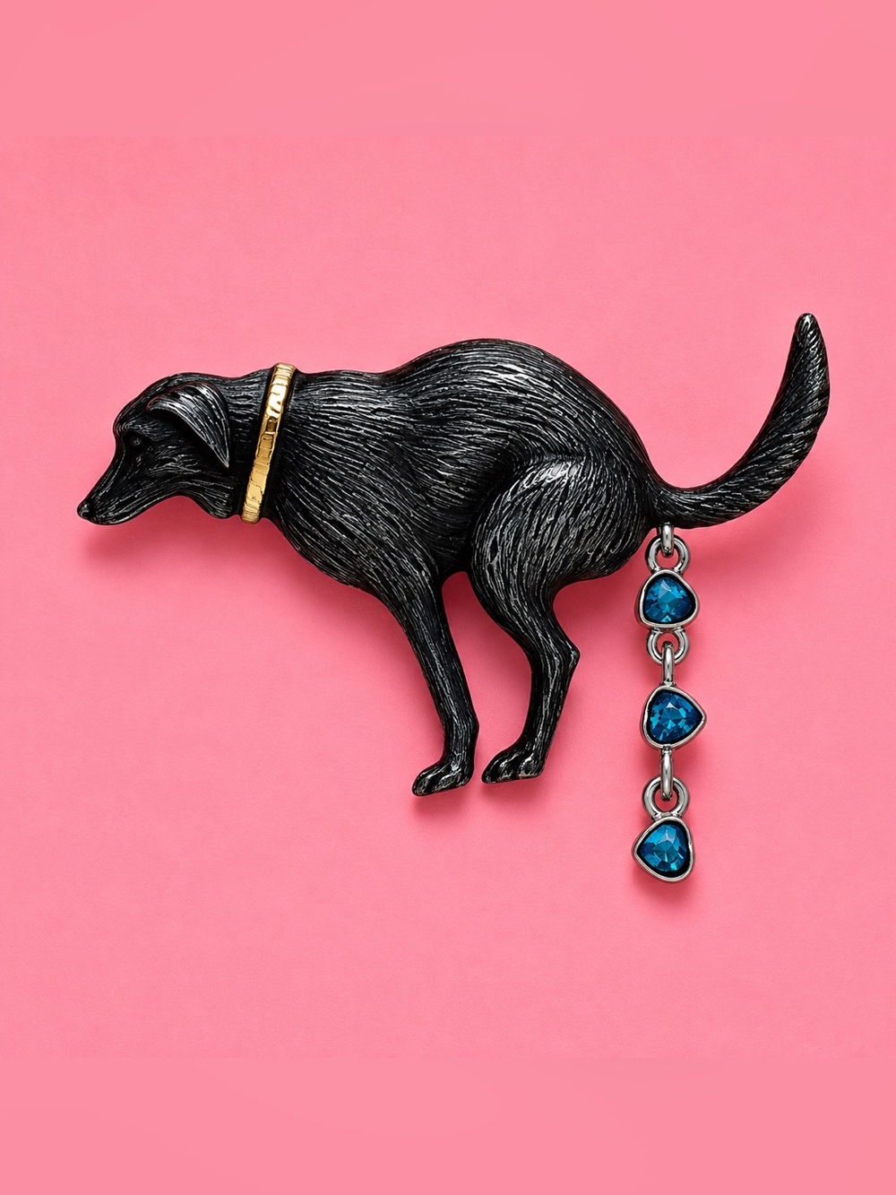 Pooping Black Dog Brooch with Blue Gem Tail